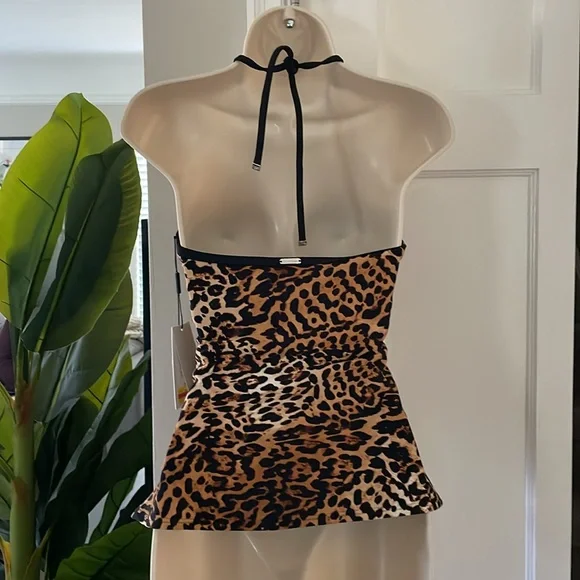 NWT Calvin Klein Printed V-Wire Bandeau Halter Tankini Top Brown M